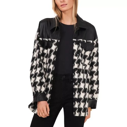 Chaqueta Camisa Vince Camuto Mujer Talla M Negra Blanca Pata de Gallo Imitación Cuero Borde - Imagen 3 de 4