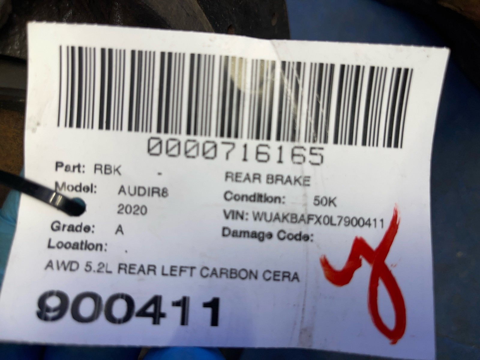 2017-2023 AUDI R8 AWD 5.2L REAR LEFT CARBON CERAMIC BRAKE ROTOR 5400G 31.97MM