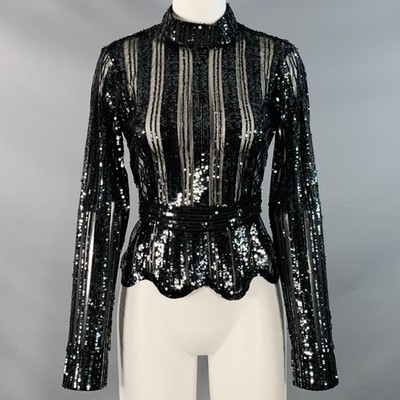 DEREK LAM Größe 6 Schwarz Polyester Pailletten Streifen Kragen Kleid Top