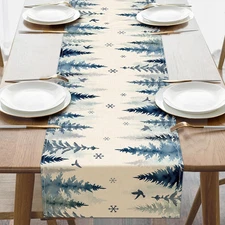 Winter Pine Tree Forest Dining Table Runner, Watercolor Snowflake Birds Burlap K