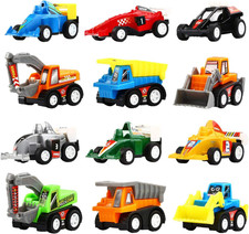 Pull Back Vehicles, 12 Pack Mini Assorted Construction Vehicles and Race Car Toy