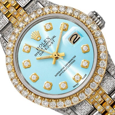 Rolex Datejust 69173 26mm Diamond Jubilee Band Diamond Dial Bezel Light Blue Wat