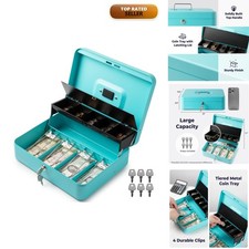 Volcora Large Cash Box with Key Lock, Metal Money Box with Tray - Cyan