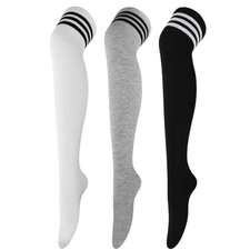 Thigh High Socks for Women Striped One Size 3 Pairs: Black/Light Grey/White