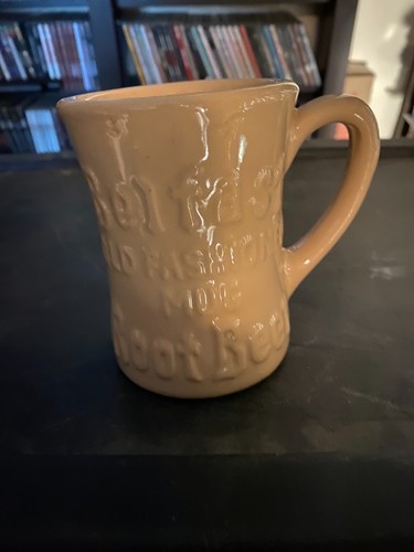 Beige ceramic mug with embossed text “Belfast Old Fashioned Root Beer” and “Tepco Made in U.S.A.”