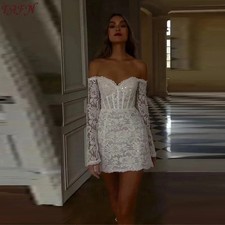 Shiny Full lace Mini Short Wedding Dresses Off Shoulder Long Sleeves US Women