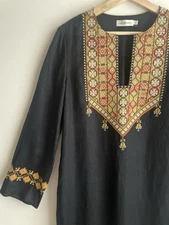 Tory Burch Caftan Size Small Linen Embroidered Black Maxi Dress Long Sleeve Wome