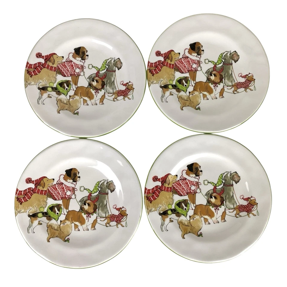 "Juego de 4 platos de ensalada Pier 1 Imports Park Avenue cachorros 8 3/4"" perros pintados a mano" Foto 2 de 4