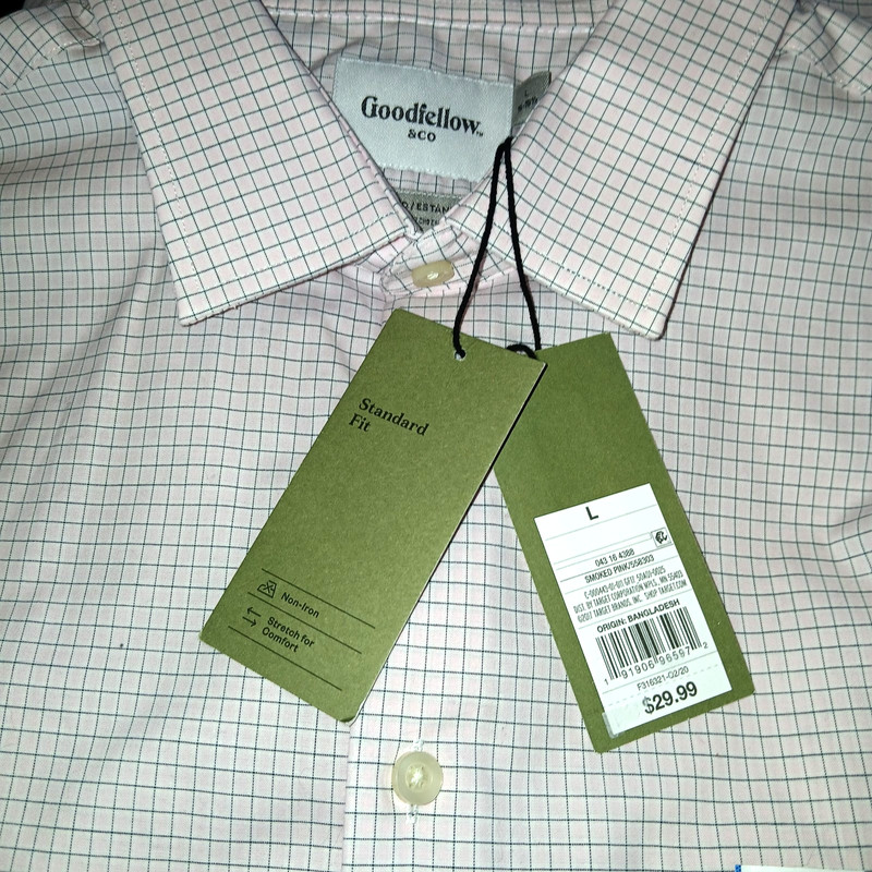 GOODFELLOW MEN'S PINK CHECKED LS STRETCH BUTTON SHIRT-L(16-16.5)-NWT-NICE
