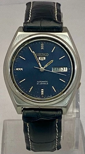 Vintage Seiko5 Blue Dial "D/D" 7019 Automatic Watch Leather Strap Keep Good Time