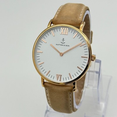 Men's KAPTEN & SON Campus 40mm Rose Gold All Stainless Steel Watch Beige Leather