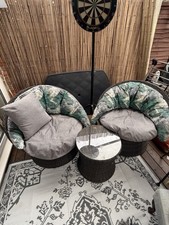 Rattan Garden Bistro Set 2 Round Chairs with Cushions Glass Table Good Condition