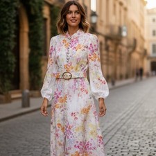 Zimmermann Natura Midi Dress Size 4/AU 16 /US 12 Floral Linen Long Sleeve Belted