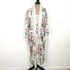 Victoria's Secret Robe Womens Medium White Floral Satin Gold Label Vintage Maxi