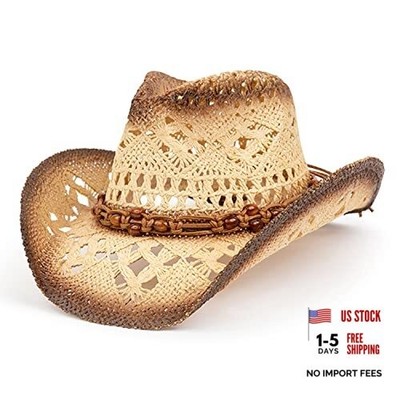 Straw Cowboy Hat for Women and Men with Medium-Large Brown/Beads - Tea Stain