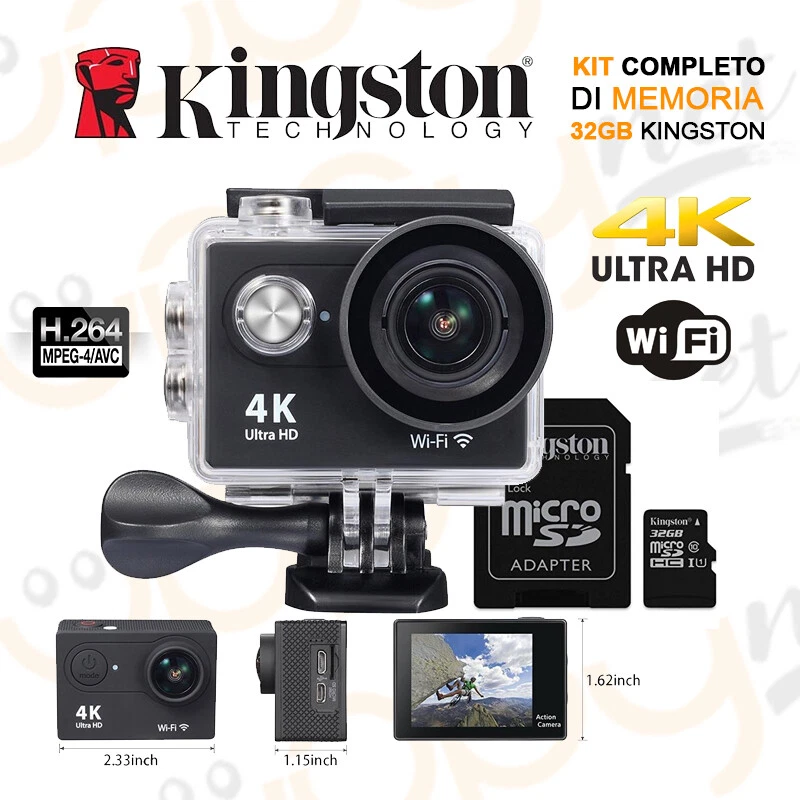 UPPYTECH Action Cam Pro 4k WiFi Ultra HD Videocamera Subacquea Sport + 32 Gb Kingston