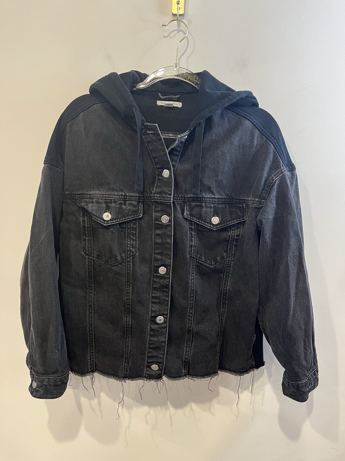 TOPSHOP DENIM JACKET WOMENS SIZE 8 BLACK HOODIE COAT RAW HEM FLEECE LINED-image