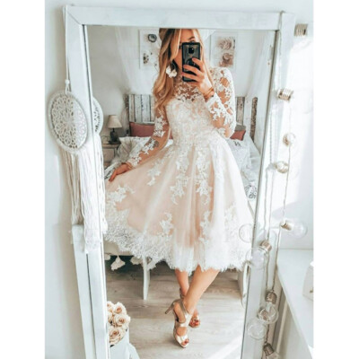 Short Wedding Dresses Lace Applique Long Sleeves Backless Mini Bridal Gowns | eBay Short Wedding Dresses Lace Applique Long Sleeves Backless Mini Bridal Gowns | eBay
