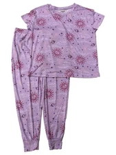 Womens Purple Sun Moon & Stars Knit Pajamas Joggers & Tee Sleep Set