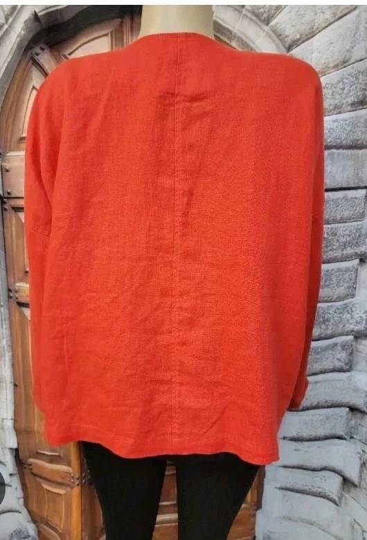 Eileen Fisher 100% Organic Linen Open Front Jacket Large Geranium Red Draped - Image 2 of 4