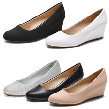 Women Low Wedges Heel Closed Round Toe Pumps Comfortable Slip On Work Shoes