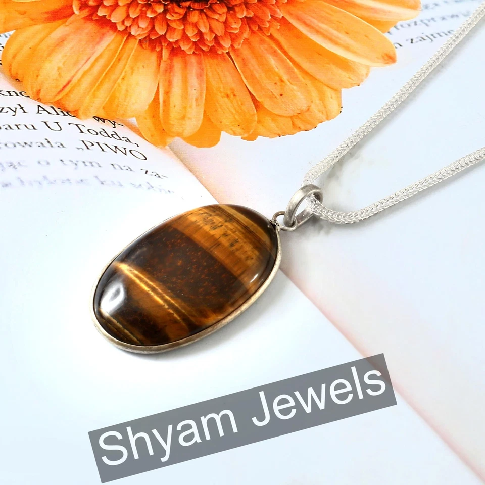 Pendente In Argento Sterling 925 Con Gemma Ovale In Occhio Di Tigre E Catena - Immagine 2 di 4