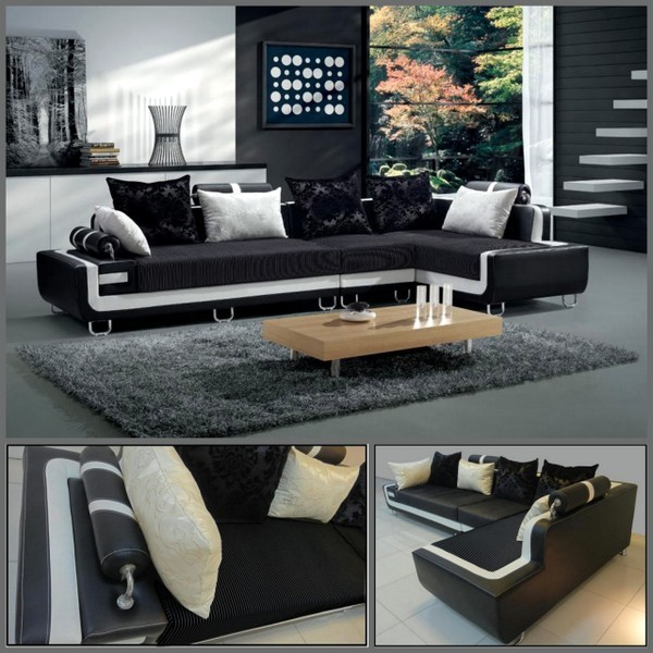 Divano soggiorno 350 cm angolare nero bordo bianco cuscini sfoderabile divani|45