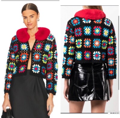 Alice + Olivia Anderson Cropped Cardigan Faux Fur Collar Crochet