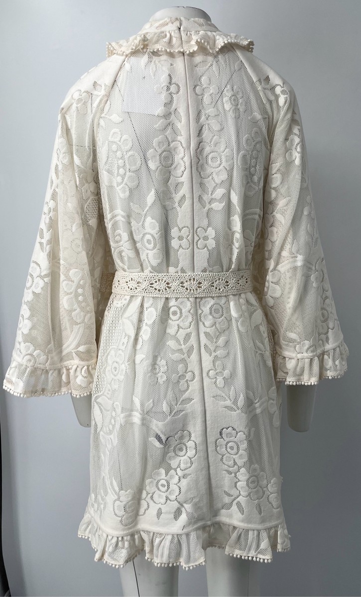 zimmermann tiggy lace mini tunic dress Zimmermann Tiggy Lace Ruffled Mini Dress bell sleeve Off-White sz 2 (MISS SLIP)