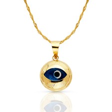 14K Yellow Gold Evil Eye Fluted Charm Pendant  1.2mm Singapore Chain Necklace