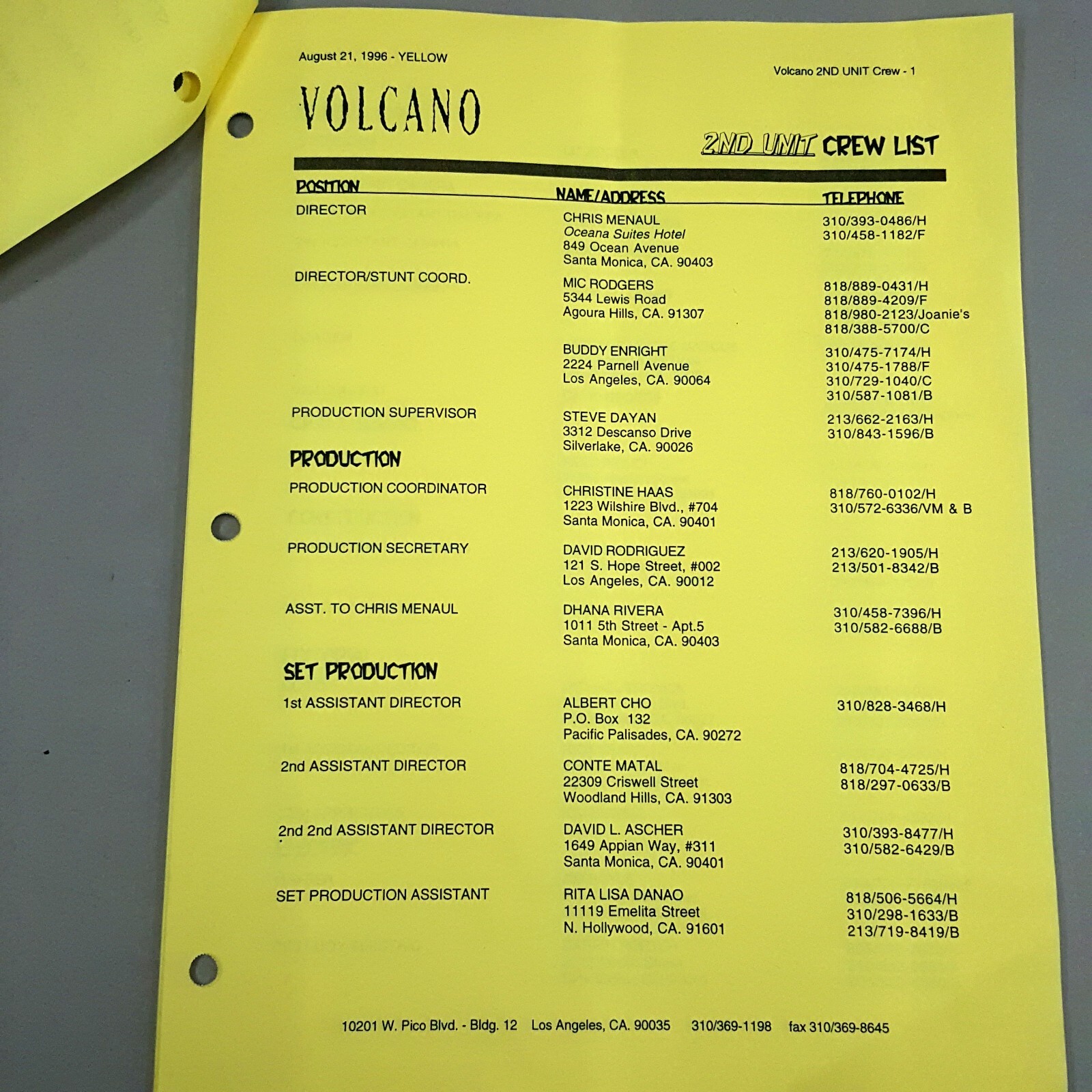 Image 10 of VOLCANO Movie 2nd Unit Crew List- Production Used - COA