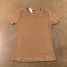 Active Basic Juniors Size Large Camel Brown Ribbed Short Sleeve V Neck Tee NWT