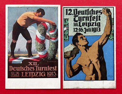 2 x occasion postcard Leipzig 1913 12. German Gymnastics Festival Types Gymnasts (124946