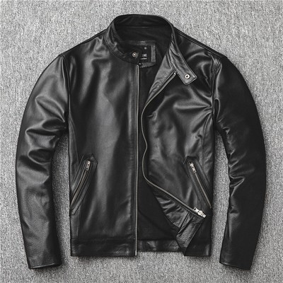 Cowhide Motorcycle Suit Leather Jacket Men's Slim Sheep Short