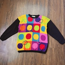 Vintage 90s Knit Sweater Large Womens Multicolor Geometric Funky Retro Mod 80s
