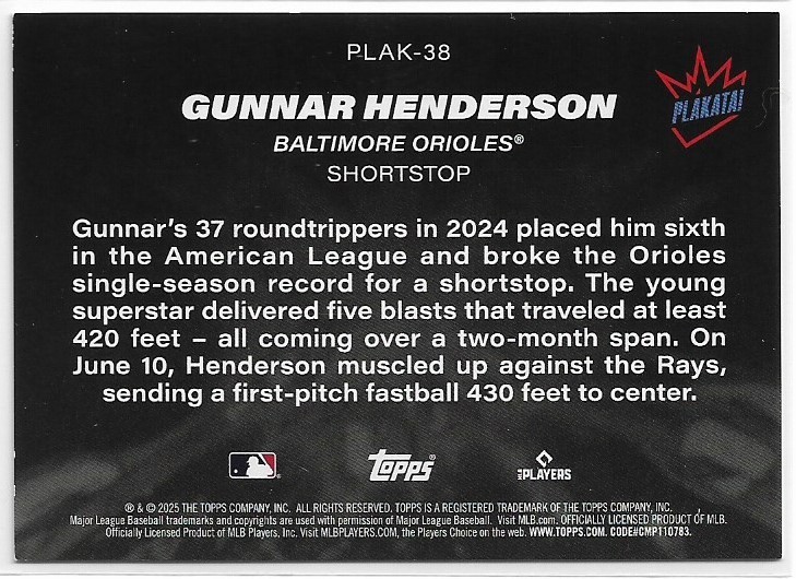 2025 Topps Gunnar Henderson #PLAK-38 Plakata Case Hit Insert Short