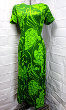 FELY'S Hawaiian Green Floral Stem Barkcloth Split Panel Maxi Dress 60's-70s