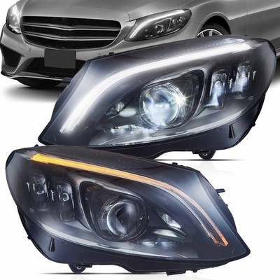 VLAND LED Headlights For 2015-2020 Mercedes Benz W205 Blue DRL Set Fit Halogen