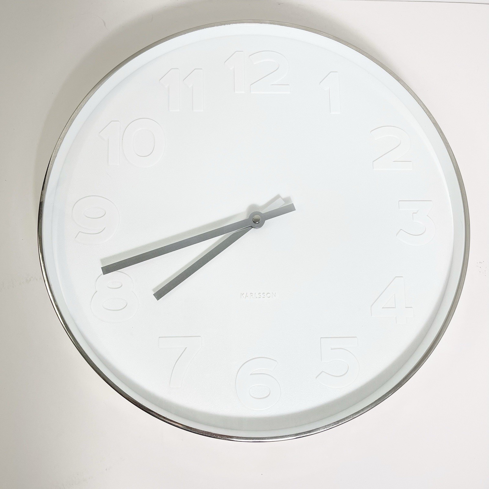 Karlsson Minimalist Wall CLOCK Mr. White Numbers Embossed Stainless Frame 14.5”