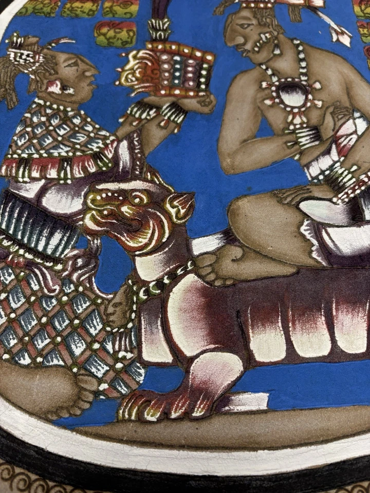 Mayan Mexican Mesoamerican Painting Crowning Of Pacal the Great Embossed Leather - Image 4 of 4