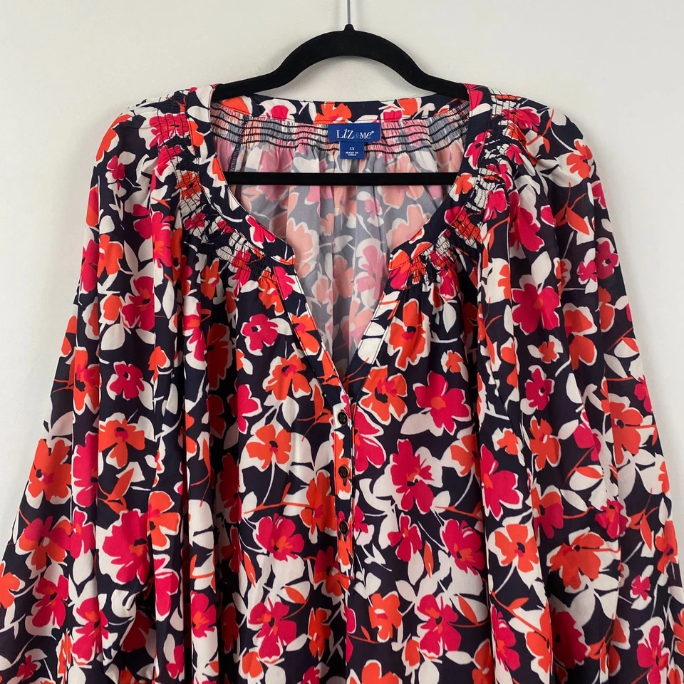 Liz & Me цветочный крестьянин блузка размер 5 X Georgette поповер темно-синий мульти раздельный вырез - Изображение 2 из 4