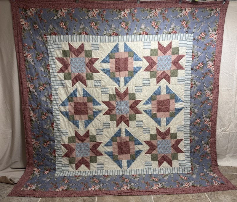 Vintage Hand Quilted Stars Patchwork Quilt 86x86 queen  #187