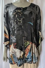 Citron Santa Monica Asian Crain Art Print Silk Blend Sheer Top w/Black Tank XL/L