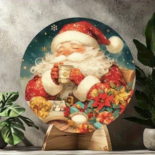 2D Flat, 2D Flat Christmas Santa Claus Aluminum Wall Decor - 8x8 Inch Round Wrea