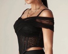 Sexy Corsé Bustier Aliava Paris Encaje Negro Hombro Descubierto Pequeño Encaje Francés