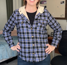 blue navy tan PLAID Shirt JACKET Hooded Flannel SNAP UP grunge women's M