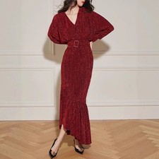 Retro Velvet Elegant Women Party V-neck Temperament Long-sleeved Long Dress New