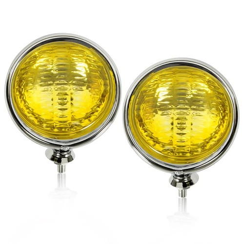 Pair Chrome Vintage Classic 5" Fog Lights w/Halogen Bulb 55W 12V Yellow Lens - product listing photo