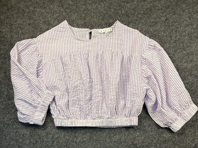 Hyfve Striped Puff Sleeve Crop Top Women s Lg Lavender Seersucker Boho Chic