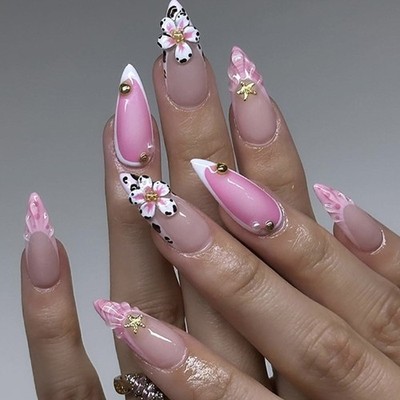 24Pcs Almond Nail Tips Flower Fake Nail Press On Nail Artificial False Nail
